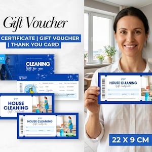 May include: A woman holds a blue gift certificate for house cleaning services. The certificate, measuring 22 x 9 cm, features the text "House Cleaning Gift Certificate" and an image of a person cleaning. Additional gift vouchers are also visible.