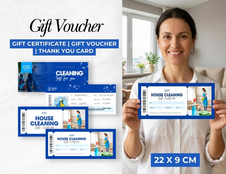 May include: A woman holds a blue gift certificate for house cleaning services. The certificate, measuring 22 x 9 cm, features the text "House Cleaning Gift Certificate" and an image of a person cleaning. Additional gift vouchers are also visible.