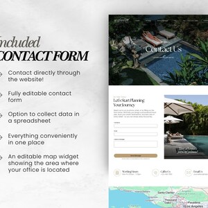 May include: A website design mockup with a contact form, featuring a pool scene and the text "Contact Us." The form includes fields for name, email, and a message, with options to collect data and an editable map widget.