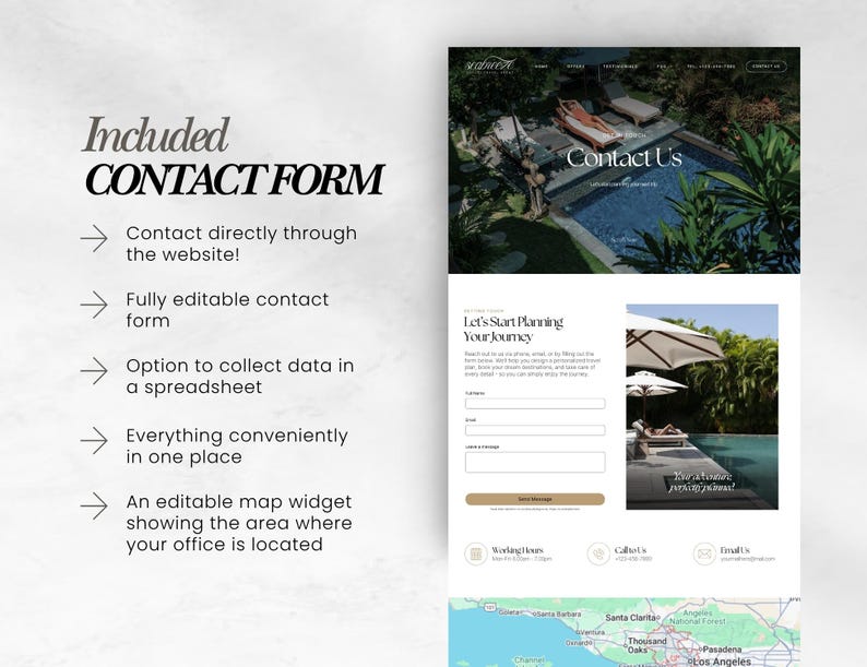 May include: A website design mockup with a contact form, featuring a pool scene and the text "Contact Us." The form includes fields for name, email, and a message, with options to collect data and an editable map widget.