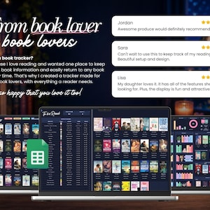 Peut inclure: Un suivi de lecture num&eacute;rique affich&eacute; sur trois &eacute;crans d'ordinateur, pr&eacute;sentant une interface de biblioth&egrave;que avec des couvertures de livres, des listes de lecture et des graphiques. Le texte indique From book lover to book lovers.
