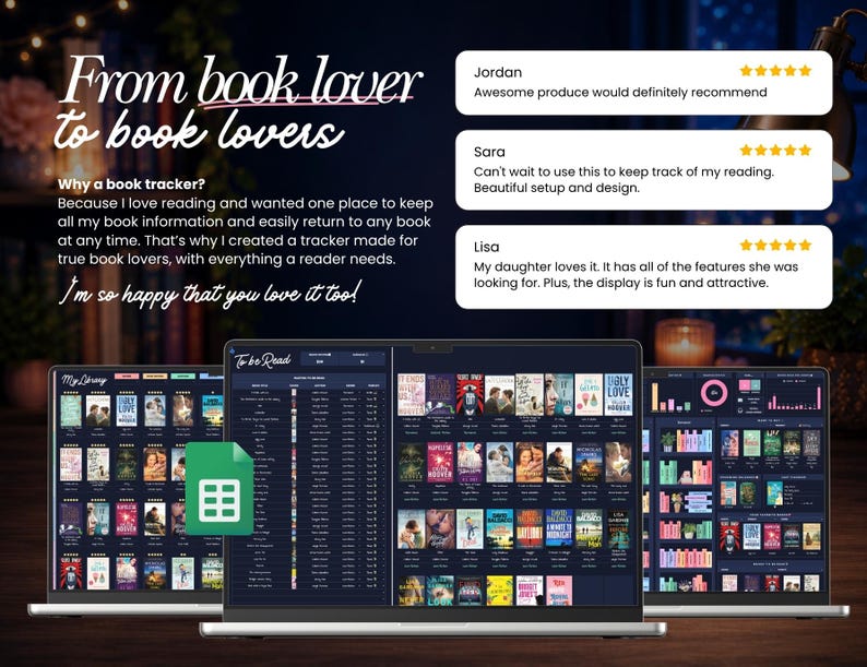 Peut inclure: Un suivi de lecture num&eacute;rique affich&eacute; sur trois &eacute;crans d'ordinateur, pr&eacute;sentant une interface de biblioth&egrave;que avec des couvertures de livres, des listes de lecture et des graphiques. Le texte indique From book lover to book lovers.