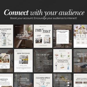 May include: A dark background with the text "Connect with your audience" and "Boost your account: Encourage your audience to interact!". Below are several images with cleaning tips and product features.