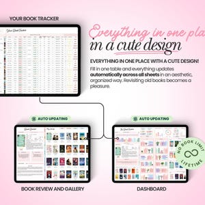 May include: A digital book tracker spreadsheet template featuring a main table, a book review and gallery section, and a dashboard. Text includes "YOUR BOOK TRACKER", "Everything in one place in a cute design", "AUTO UPDATING", and "NO BOOK LIMIT LIFETIME".