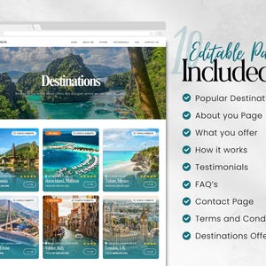 May include: A website mockup showcasing travel destinations. The homepage features a header with the word "Destinations" and a scenic background. Below are six destination cards with images and text, including "Bali, Indonesia" and "London, UK". The right side lists "10 Editable Pages Included".