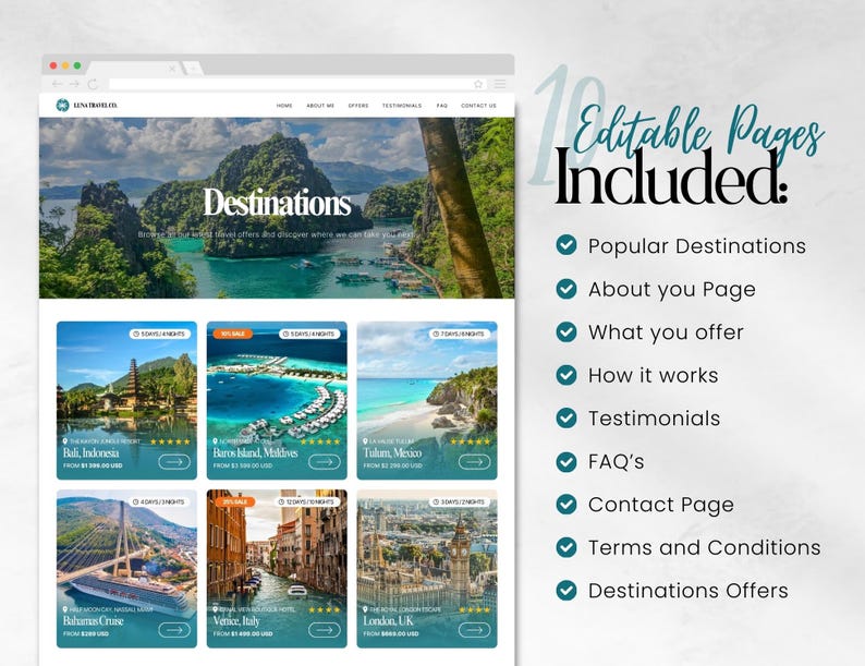 May include: A website mockup showcasing travel destinations. The homepage features a header with the word "Destinations" and a scenic background. Below are six destination cards with images and text, including "Bali, Indonesia" and "London, UK". The right side lists "10 Editable Pages Included".