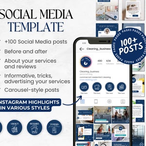 May include: A digital marketing template for social media, featuring over 100 posts, before and after examples, and reviews. Includes 71 Instagram highlights in various styles. The template is designed for advertising services.