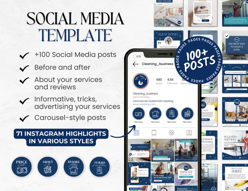 May include: A digital marketing template for social media, featuring over 100 posts, before and after examples, and reviews. Includes 71 Instagram highlights in various styles. The template is designed for advertising services.