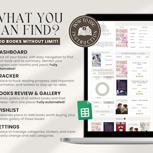 May include: A computer screen displaying a digital library management system with a dashboard, tracker, books review and gallery, wishlist, and settings. The screen shows a photo gallery of books and a reading progress tracker. The text on the screen reads "What you can find? Add books without limit!"