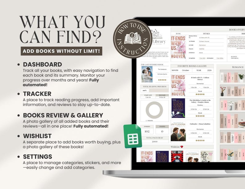 May include: A computer screen displaying a digital library management system with a dashboard, tracker, books review and gallery, wishlist, and settings. The screen shows a photo gallery of books and a reading progress tracker. The text on the screen reads "What you can find? Add books without limit!"