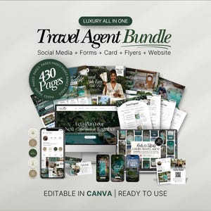 May include: A digital bundle for travel agents, featuring social media templates, forms, cards, flyers, and a website design. The design includes a computer monitor, smartphones, and printed materials. The text reads "Travel Agent Bundle" and "Editable in Canva | Ready to Use."