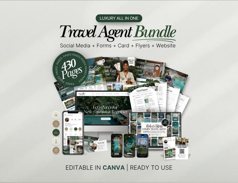 May include: A digital bundle for travel agents, featuring social media templates, forms, cards, flyers, and a website design. The design includes a computer monitor, smartphones, and printed materials. The text reads "Travel Agent Bundle" and "Editable in Canva | Ready to Use."