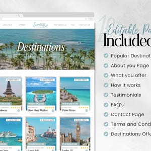 May include: A website mockup showcasing travel destinations. The webpage features a header with the word "Suntrip" and a section titled "Destinations." Below are images of Bali, Maldives, and Mexico. The right side lists "10 Editable Pages Included."
