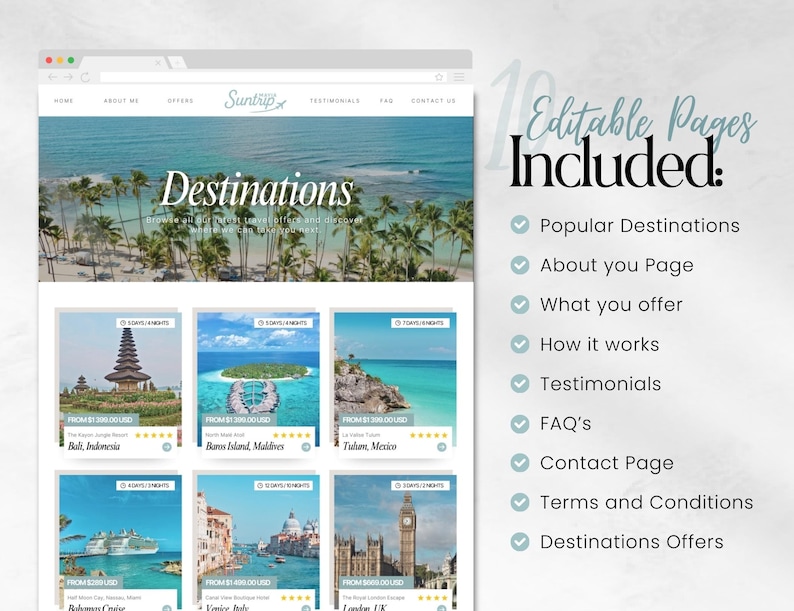 May include: A website mockup showcasing travel destinations. The webpage features a header with the word "Suntrip" and a section titled "Destinations." Below are images of Bali, Maldives, and Mexico. The right side lists "10 Editable Pages Included."