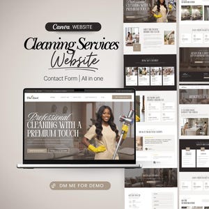 May include: A digital template for a cleaning services website displayed on a laptop screen and vertical layout strips. The design features a neutral color palette, serif typography, and sections for services, testimonials, and a contact form.