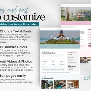 May include: A website design template with the text "Easy and fast to customize." The design includes a Bali, Indonesia travel theme, with options to change text, fonts, colors, and add videos and photos. The template is easy to edit.