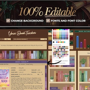 May include: Digital book tracker template with a bookshelf design. The template is 100% editable, allowing users to change the background, fonts, and font colors. Includes a book finder and book rating section.