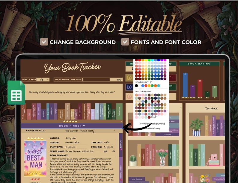 May include: Digital book tracker template with a bookshelf design. The template is 100% editable, allowing users to change the background, fonts, and font colors. Includes a book finder and book rating section.