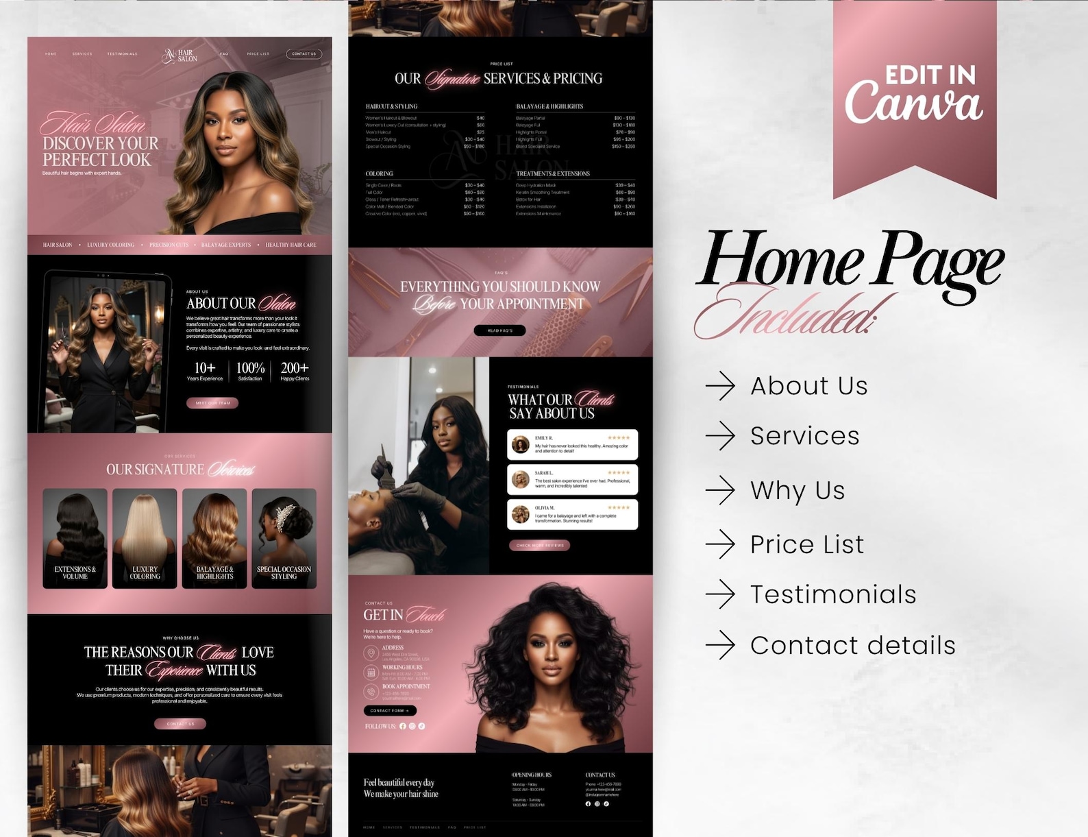 Hair Salon Website Template, Canva Template, Luxury Hair Design, Hair
