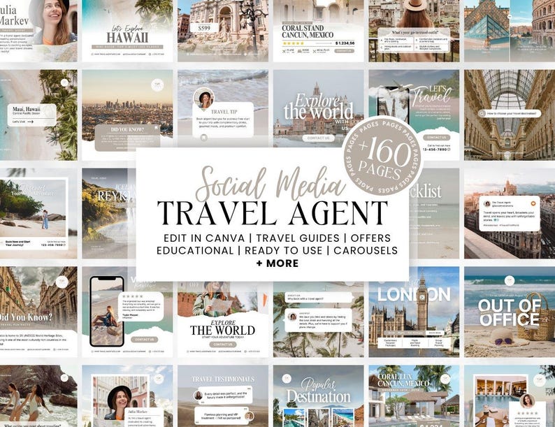 Reisebüro Social Media Template Bundle, Reisebüro Social Media, Reise Blogger Inhalt, Reisebüro Marketing, Instagram Post, Canva Bild 1