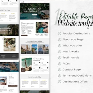 May include: A website template with 10 editable pages, including Popular Destinations, About You Page, and Contact Page. The design features a clean layout with images and text, promoting travel and adventure.