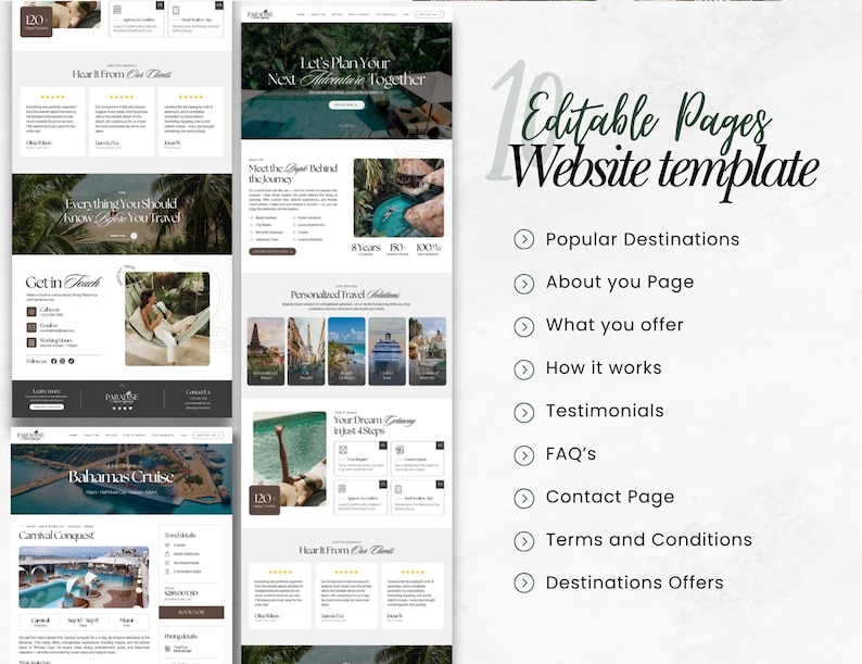 May include: A website template with 10 editable pages, including Popular Destinations, About You Page, and Contact Page. The design features a clean layout with images and text, promoting travel and adventure.