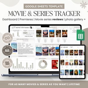 Puede incluir: Una plantilla de Google Sheets para hacer un seguimiento de películas y series de televisión. La plantilla incluye un panel de control, una sección para estrenos, reseñas de series de películas, una galería de fotos y una sección de planeados para ver. La plantilla está diseñada para ser utilizada para hacer un seguimiento de tantas películas y series como quieras. La plantilla está disponible de por vida.