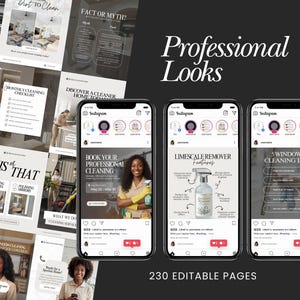 May include: A promotional image for cleaning services, featuring Instagram mockups with cleaning tips and service promotions. The image includes the text "Professional Looks" and "230 Editable Pages."