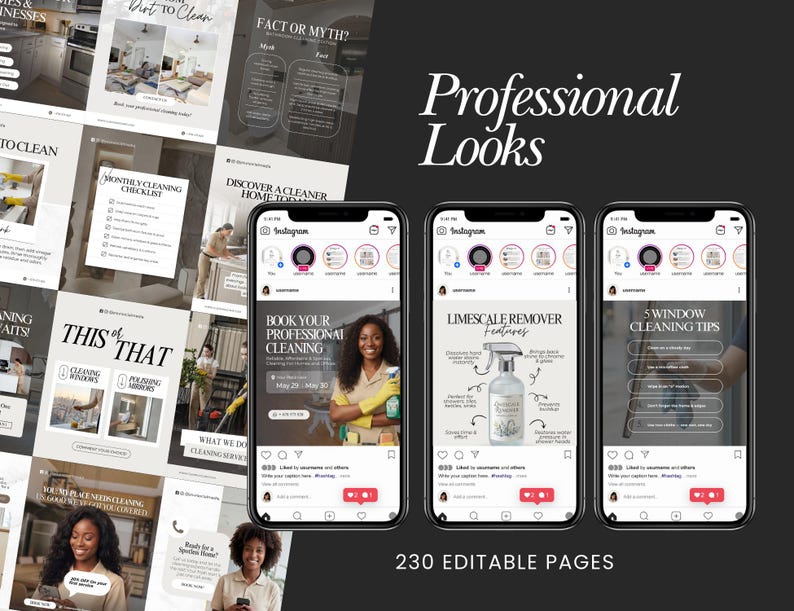 May include: A promotional image for cleaning services, featuring Instagram mockups with cleaning tips and service promotions. The image includes the text "Professional Looks" and "230 Editable Pages."