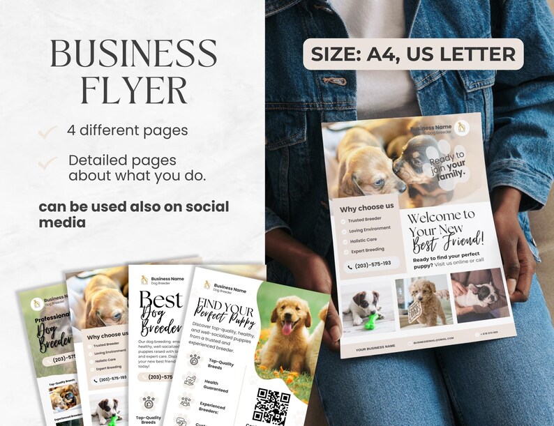May include: A flyer for a professional dog breeder, with four different pages. The flyer features a variety of adorable puppies and includes information about the breeder's services, such as trusted breeding, a loving environment, and expert care. The flyer also includes a QR code and contact information.