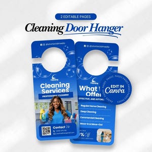 以下が含まれることがあります： 「Cleaning Door Hanger」の文字が入った青いクリーニングドアハンガー。「Cleaning Services」と「What I Offer」の文字が入っています。クリーニング用品を持っている女性の写真も掲載されています。