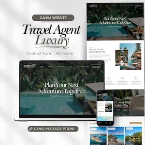 Könnte beinhalten: Ein Laptop, ein Tablet und ein Smartphone zeigen das Design einer Reisebüro-Website. Die Website hat ein Luxus-Thema mit Bildern von tropischen Reisezielen. Der Text enthält "Travel Agent Luxury" und "Plan Your Next Adventure Together."