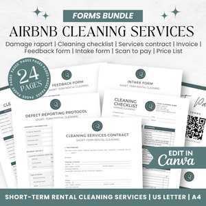 Formularze biznesowe dotyczące krótkoterminowego sprzątania, Pakiet usług sprzątania Airbnb, Lista kontrolna sprzątania, Umowa o sprzątanie, Szablon biznesowy, Cennik