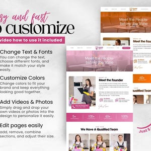 K&ouml;nnte beinhalten: Eine digitale Marketingvorlage mit dem Text "Einfach und schnell anzupassen". Das Design umfasst Website-Mockups, rosa Akzente und den Satz "Meet the People Behind the Shine". Funktionen umfassen Text- und Schriftartanpassung.