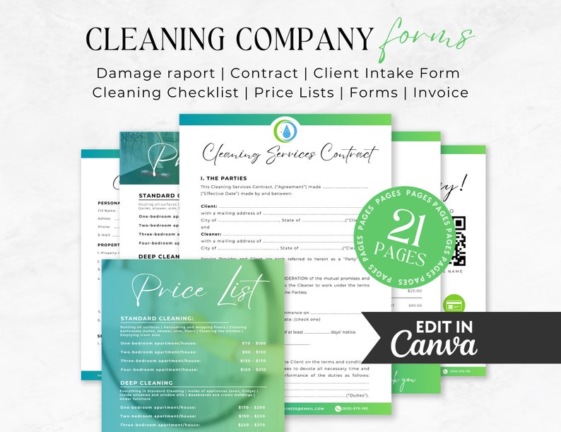 Cleaning Business Forms: Checklist, Contract, Price List (canva