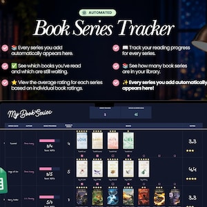 Peut inclure: Un tableur num&eacute;rique de suivi de s&eacute;ries de livres affich&eacute; sur un &eacute;cran d'ordinateur portable. L'interface pr&eacute;sente des colonnes pour le nom de la s&eacute;rie, l'auteur, la progression de lecture, le nombre de livres et les notes. Inclut le texte My Book Series.