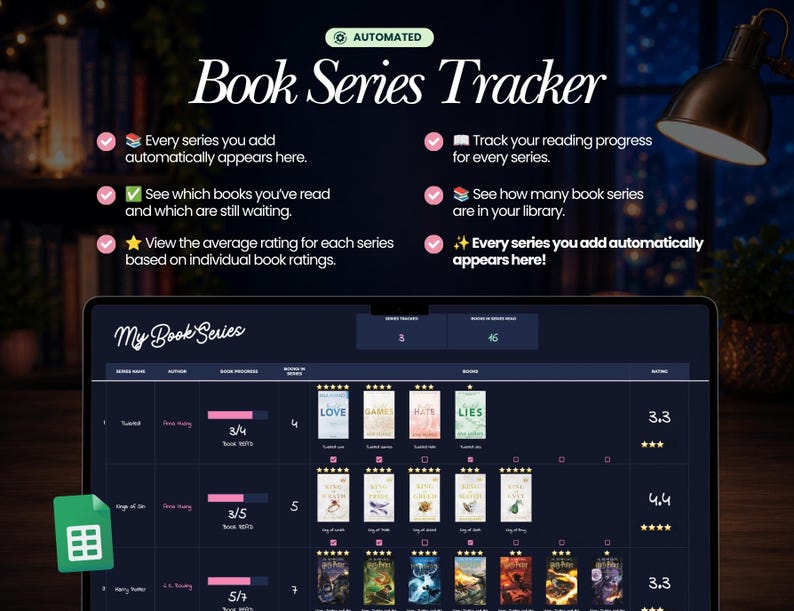 Peut inclure: Un tableur num&eacute;rique de suivi de s&eacute;ries de livres affich&eacute; sur un &eacute;cran d'ordinateur portable. L'interface pr&eacute;sente des colonnes pour le nom de la s&eacute;rie, l'auteur, la progression de lecture, le nombre de livres et les notes. Inclut le texte My Book Series.