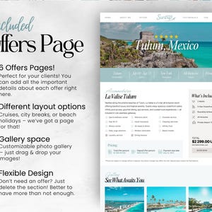May include: A website design mockup with a light blue and white color scheme. The page includes the text "Included Offers Page" and details about offers, layout options, gallery space, and flexible design. The page also features a photo of Tulum, Mexico.