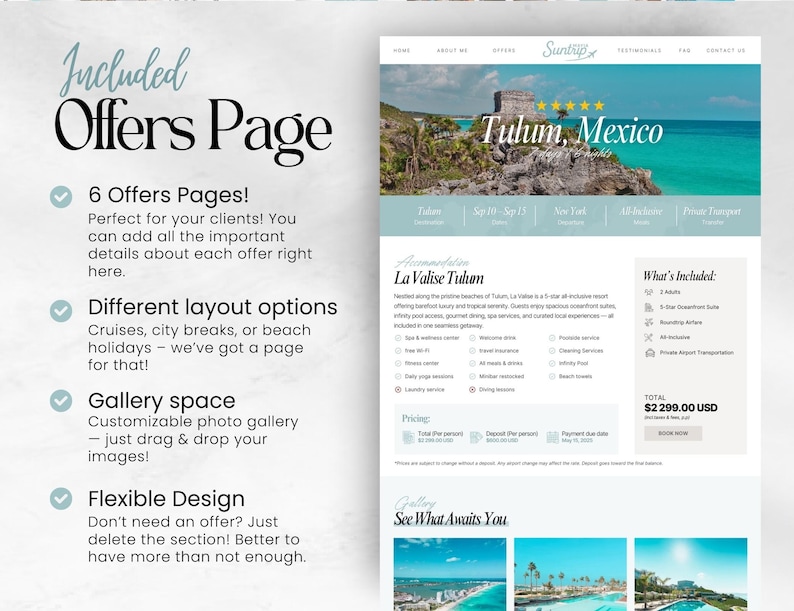 May include: A website design mockup with a light blue and white color scheme. The page includes the text "Included Offers Page" and details about offers, layout options, gallery space, and flexible design. The page also features a photo of Tulum, Mexico.