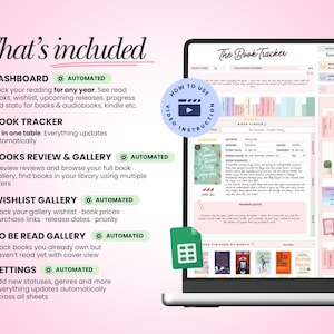 May include: A digital book tracker interface displayed on a laptop screen, featuring a dashboard, book review gallery, wishlist, and to-be-read list. The layout includes automated tracking tools, book cover thumbnails, and a video instruction icon.