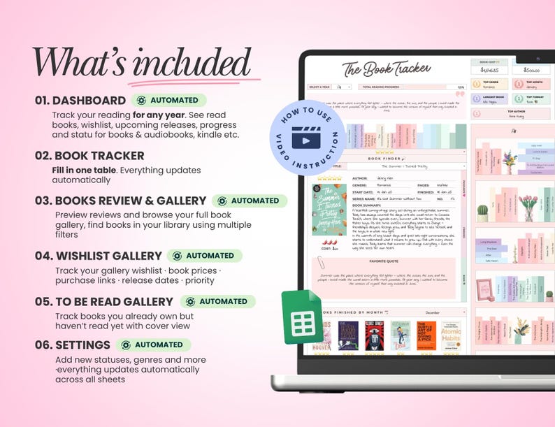 May include: A digital book tracker interface displayed on a laptop screen, featuring a dashboard, book review gallery, wishlist, and to-be-read list. The layout includes automated tracking tools, book cover thumbnails, and a video instruction icon.