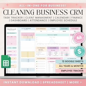 Pode incluir: Um ecrã de computador portátil que mostra uma folha de cálculo do Google Sheets com um painel de instrumentos colorido para uma empresa de limpeza. A folha de cálculo inclui seções para o acompanhamento de tarefas, a gestão de clientes, o calendário, as finanças, o painel de instrumentos, a presença e o horário dos funcionários. O texto "12 Google Sheets" é mostrado numa caixa rosa na parte inferior do ecrã.