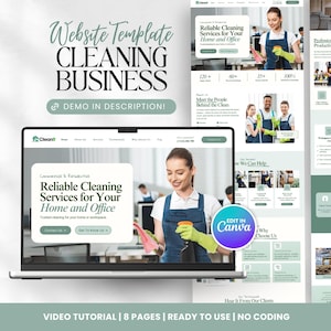 May include: A website template for a cleaning business, showcasing a laptop displaying a website design with the text "Reliable Cleaning Services for Your Home and Office." The design includes images of cleaning staff and service details. Text includes "Demo in Description!"