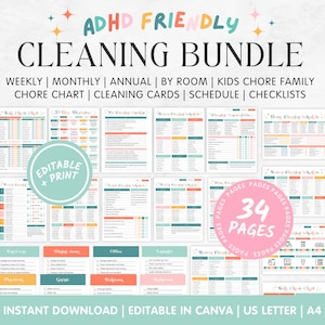 ADHD-schoonmaakschemabundel, bewerkbare schoonmaakchecklist, klusschema voor volwassenen, wekelijkse maandelijkse schoonmaakplanner, ADHD-schoonmaaklijst