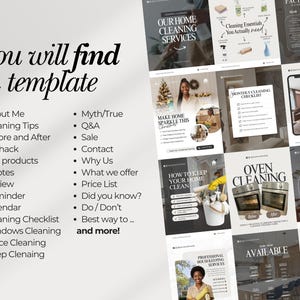 May include: A collection of social media templates for home cleaning services. The templates include topics like cleaning tips, checklists, and before-and-after photos. The text in the image says "You will find in template" and lists various topics.