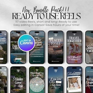 K&ouml;nnte beinhalten: Eine Sammlung von Handy-Bildschirmen mit Inhalten zum Thema Reisen. Die Bildschirme zeigen Titel wie "Australien Surf & Skyline", "Orte in Europa" und "Sommerurlaub am Strand". Der Text enth&auml;lt "Ready to Use Reels" und "Edit in Canva."