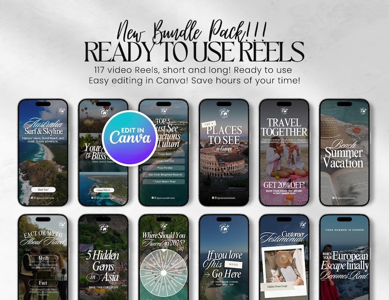K&ouml;nnte beinhalten: Eine Sammlung von Handy-Bildschirmen mit Inhalten zum Thema Reisen. Die Bildschirme zeigen Titel wie "Australien Surf & Skyline", "Orte in Europa" und "Sommerurlaub am Strand". Der Text enth&auml;lt "Ready to Use Reels" und "Edit in Canva."