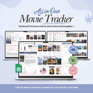 May include: A digital All in One Movie Tracker dashboard displayed on three laptop screens, featuring sections for series reviews, movie premieres, and a photo gallery. The interface includes charts, movie posters, and instructional circular badges.