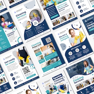Puede incluir: Una colecci&oacute;n de folletos que anuncian servicios de limpieza. Los folletos presentan im&aacute;genes de personas limpiando, productos de limpieza y texto que destaca los servicios ofrecidos. Algunos de los textos incluyen "Servicios de limpieza", "Prep&aacute;rate para la limpieza", "Somos una empresa de limpieza", "Sparkle Cleaning Company" y "Los mejores servicios de limpieza".