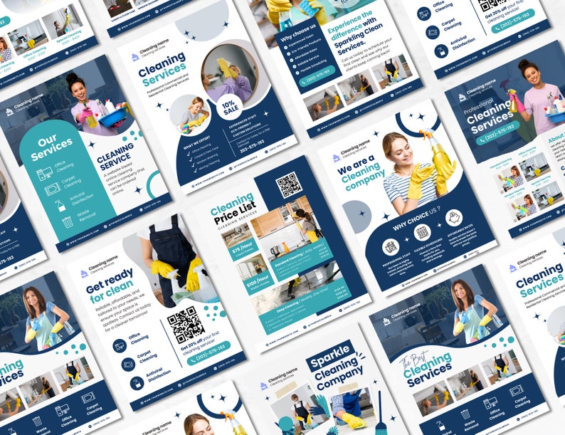 Puede incluir: Una colecci&oacute;n de folletos que anuncian servicios de limpieza. Los folletos presentan im&aacute;genes de personas limpiando, productos de limpieza y texto que destaca los servicios ofrecidos. Algunos de los textos incluyen "Servicios de limpieza", "Prep&aacute;rate para la limpieza", "Somos una empresa de limpieza", "Sparkle Cleaning Company" y "Los mejores servicios de limpieza".